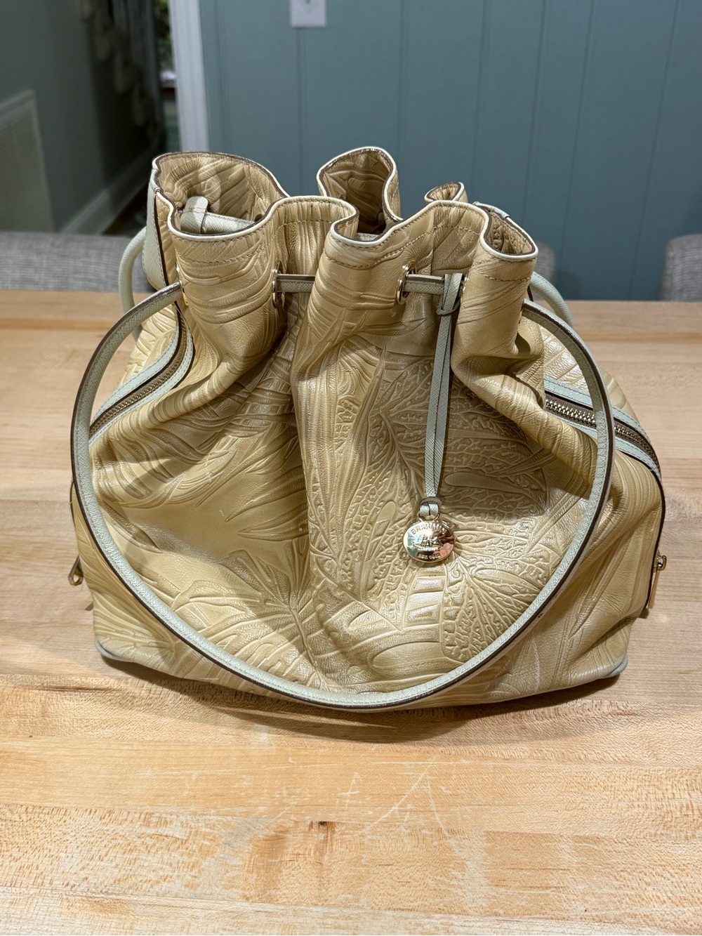Brahmin Blonde Leather Embossed Drawstring Shoulder Bag